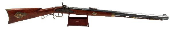 THOPMSON CENTER ARMS .50 CAL HAWKEN RIFLE REPRO: Thompson Center Arms reproduction 50 caliber Hawken percussion rifle. 28 inch octagonal barrel, and double set trigger. Bluing is good, with some light surface rust. Stock is very good, with light han