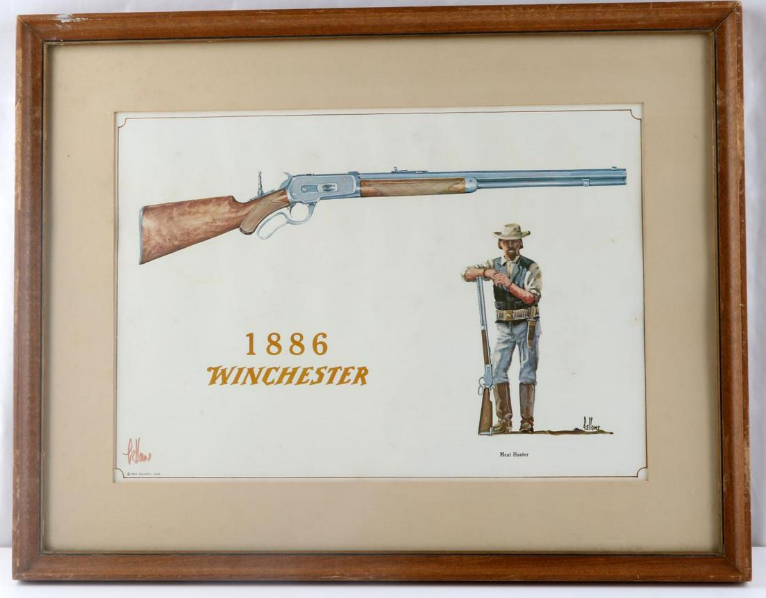 FRED FELLOWS SIGNED 1968 WINCHESTER FRONTIER PRINT: Vintage Winchester print 1886 Winchester Meat Eater by Fred Fellows, signed both by hand and in the plate. Overall good condition with random spot discoloration. Prints can be removed from frames for