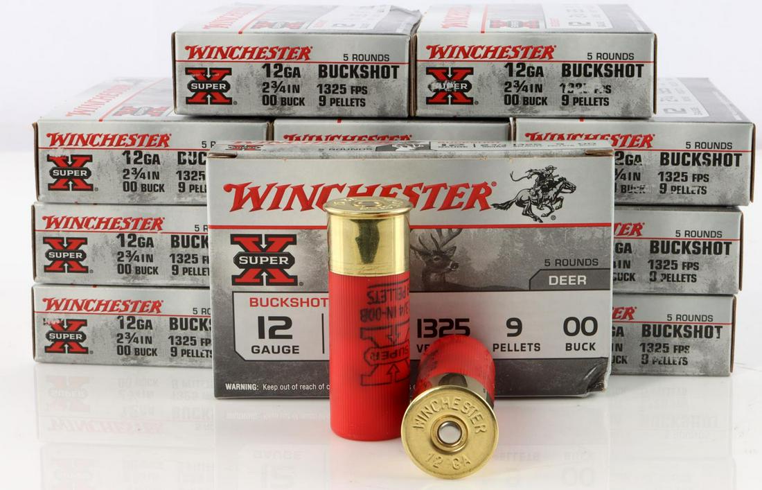 60 ROUNDS WINCHESTER SUPER X 12GA BUCKSHOT AMMO: 60 rounds of Winchester Super X 12GA Buckshot 9 pellet 1325 FPS ammunition- 12 brand new boxes, 5 rounds per box. This lot has a reserve.