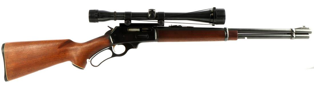 MARLIN FIREARMS MODEL 336 LEVER ACTION 30-30 RIFLE: Marlin Firearms Model 336 lever action 30-30 caliber rifle with mounted Weaver K10 60C scope. Action is very smooth, rifle in good condition. Barrel measures about 20 1/4 inches long and features an e