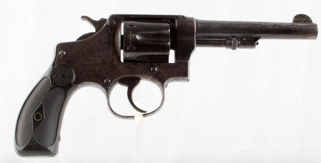 SMITH & WESSON 32 CAL HAND EJECTOR REVOLVER: Nice example, tight smooth action, clear bore, 4 line patent with last date 1903 on barrel 4 1/4 inch barrel. Original blue but spotty, cleaning could improve it, composite grips. FFL Transfer require