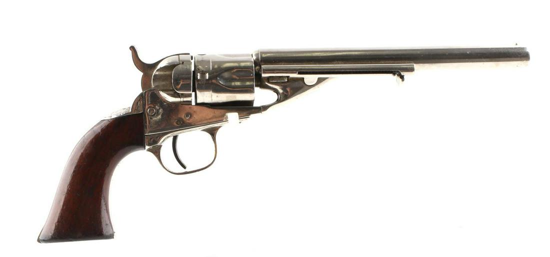 1862 COLT POLICE CONVERSION .38 CALIBER REVOLVER: Colt 1862 Police conversion revolver. .38 caliber. 6 1/2 inch barrel. Bright and clear bore needs to be clean from dust. Barrel marked "Address Col Sam L Colt New York US America". 6 shot cylinder, ma