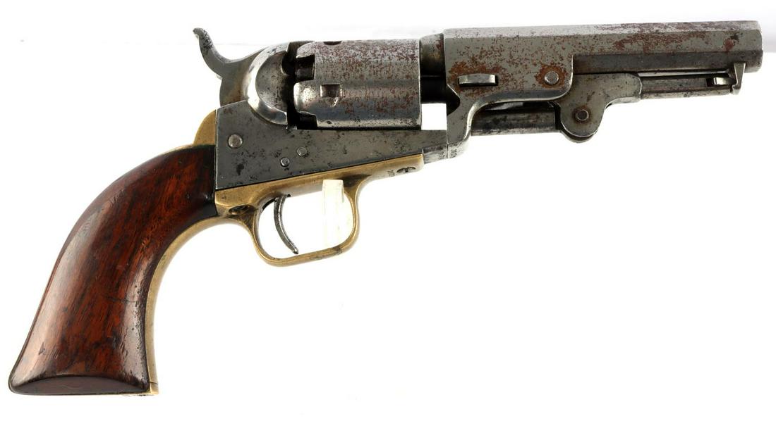 ANTIQUE COLT 1849 S.M. GUARD POCKET REVOLVER: Manufacture date 1852. Working action five (5) shot .31 caliber Colt 1849 S.M. Guard single shot revolver, with steel, brass, and wood construction. Brass trigger guard and back strap, with "30319", s