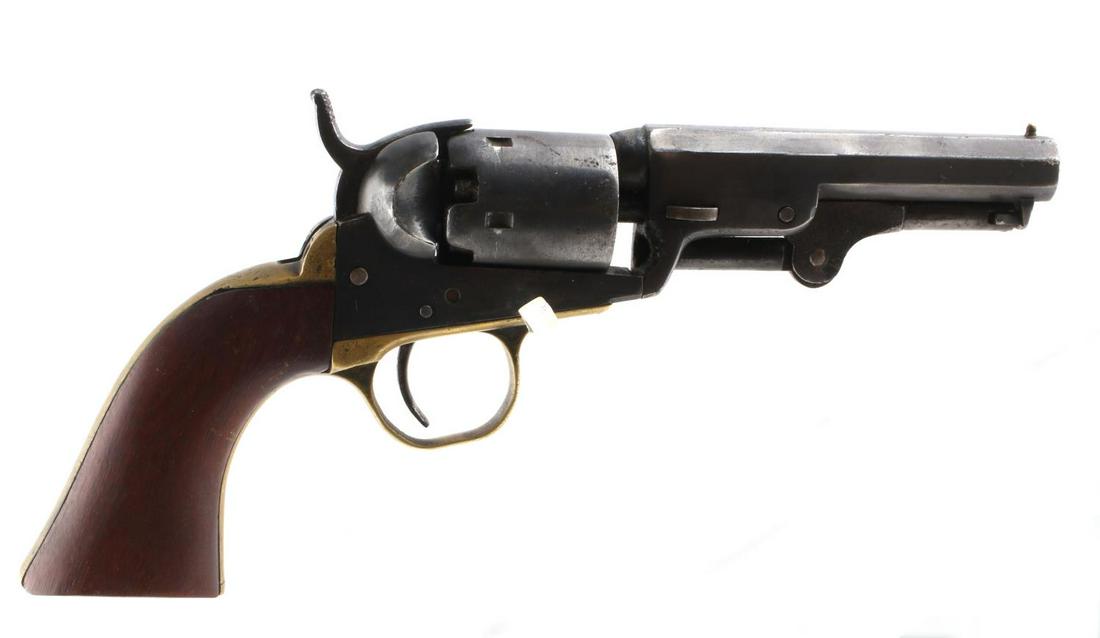 COLT .31 CAL SINGLE ACTION 1849 POCKET REVOLVER: Colt .31 cal single action 1849 pocket revolver. Barrel measures 4 inches long and features a clear but dark bore. Action is very smooth and functions without issue. Serial found on receiver and in fr