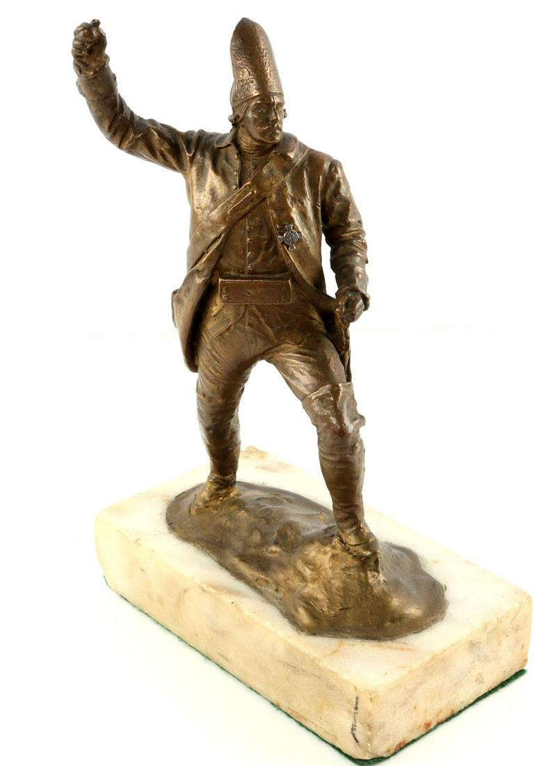 HESSIAN BRONZE INFANTRY SOLDIER THROWING GRENADE: Scarce 10 1/2 inch bronze unsigned figure wearing Viribus Unitus merit cross. Impressive piece.