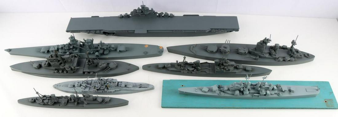 8 WWII SHIP RECOGNITION MODEL LOT ESSEX U.S. BRIT.: Lof of 8 includes some of the most desired recognition models. Lot includes: Framburg Dated 1943 Brit BB Nelson Class - measures 17 inches and Framburg wood metal dated 1945, U.S. Essex class CV - ver