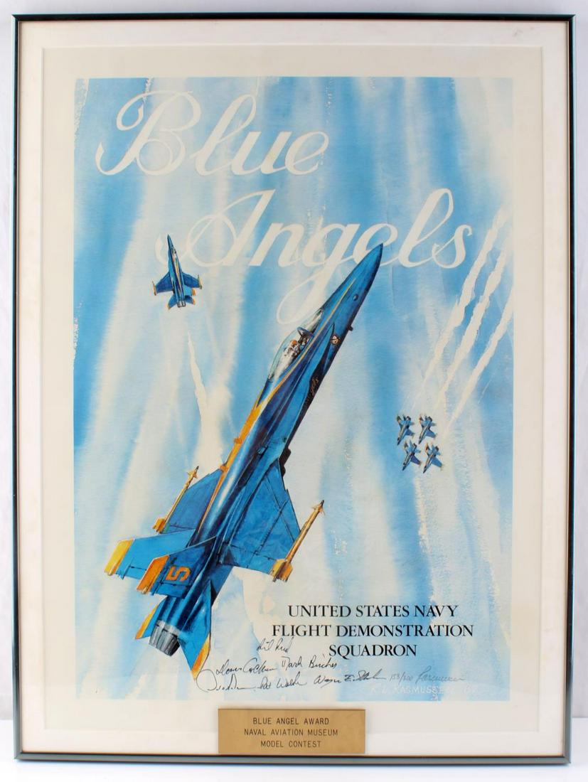 1987 BLUE ANGELS FLIGHT TEAM SIGN RASMUSSEN PRINT: Includes Donnie Cochran, first African American Blue Angels pilot, and David Anderson whom survived a 1987 flame out. Rasmussen signed 153/200, 24 by 18 inches. Frame can be removed to save on shippin