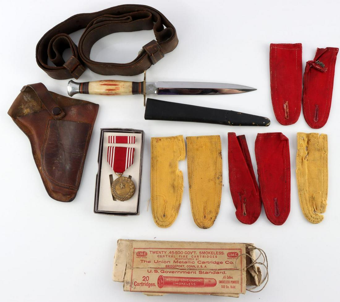 MILITARIA LOT MOWILL DAGGER NAMED MEDAL KRAG SLING: Includes J. Mowill and Sons 10 inch dagger with stag handle, Good Conduct medal for Arthur Pannone, 3 pairs (plus 1 lone) SPANAM shoulder straps, flattened Spanish American War ammo box, German .32 ca