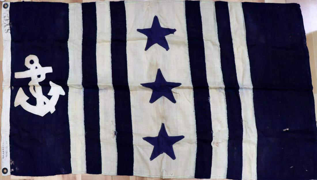 3 STAR US MILITARY VICE ADMIRAL YACHT CLUB FLAG: Antique flag constructed from wool. O.C. & K.R. WILSON maker marked. Also marked Commodore SYC. Size 27 X 50 inches. Very good condition.