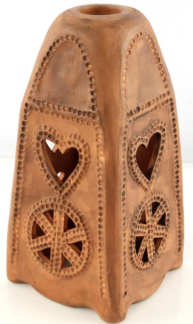 GERMAN ALLACH SS JULLEUCHTER YULE CANDLE HOLDER: Features heart and strength rune. Interestingly made from red clay. Stands 9 1/2 inches. The item is further decorated with a series of dots pressed into the clay. One foot is marked with an "SS" rune