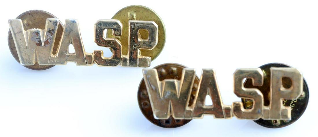 USAAF WOMANS AIR SERVICE PILOT WASP COLLAR BADGES: Pair of USAAF WWII Womenâ€™s Air Service pilot WASP collar insignia. Measures 1 1/16 X 3/8 inches. The front reads â€˜W.A.S.P.â€™. The reverse side is marked â€˜Sterlingâ€™. Eac