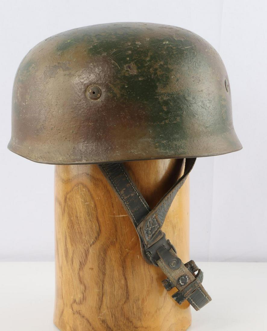 WWII GERMAN LUFTWAFFE PARATROOPER CAMO HELMET: German WWII Luftwaffe Paratrooper Fallschirmjager Camo Jump Helmet. This has the Normandy camouflage colors of reds, greens and tans. Has the four early three holed spanner type bolts. Includes the le