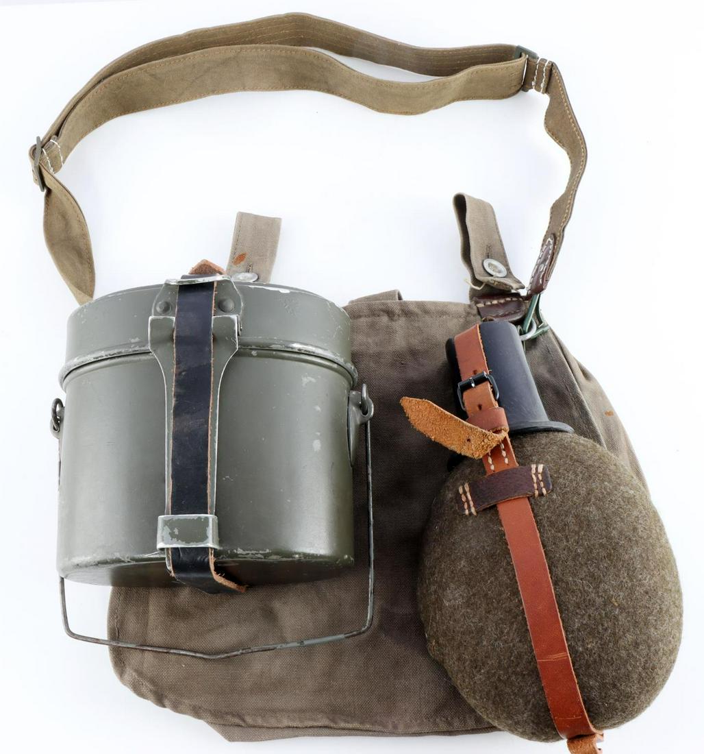 WWII GERMAN MUSETTE BREAD BAG CANTEEN MESS TIN KIT: German WWII musette bread bag with canteen and mess kit. All pieces in near excellent condition. Unauthenticated, sold as is.