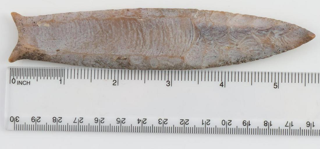 LARGE 6 INCH PALEO NATIVE CUMBERLAND ARROWHEAD: Flint construction. 5 1/2 fluting on obverse with 3 inch fluting on reverse. Very good condition. Unauthenticated, sold as is.