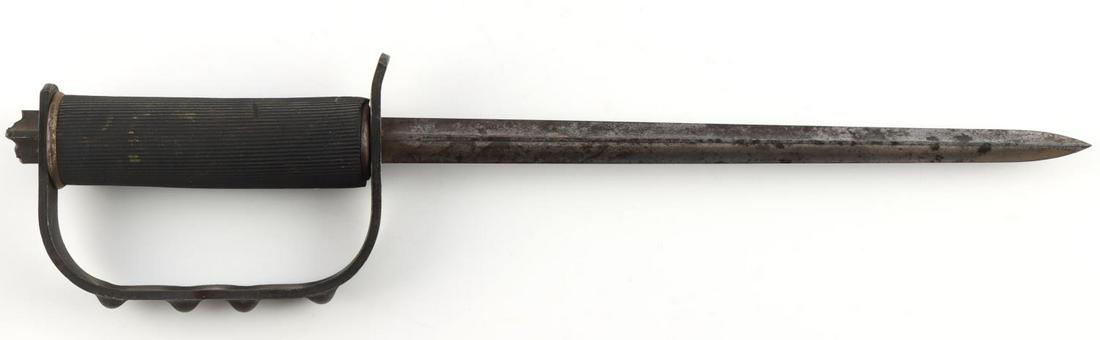 14 INCH RARE WWII OSS DROP FIGHTING KNIFE: Designed to be dropped behind enemy lines for use by Resistance Fighters and built from Springfield bayonets, without scabbard overall 14 1/4 inches, pommel is damaged otherwise very good condition.