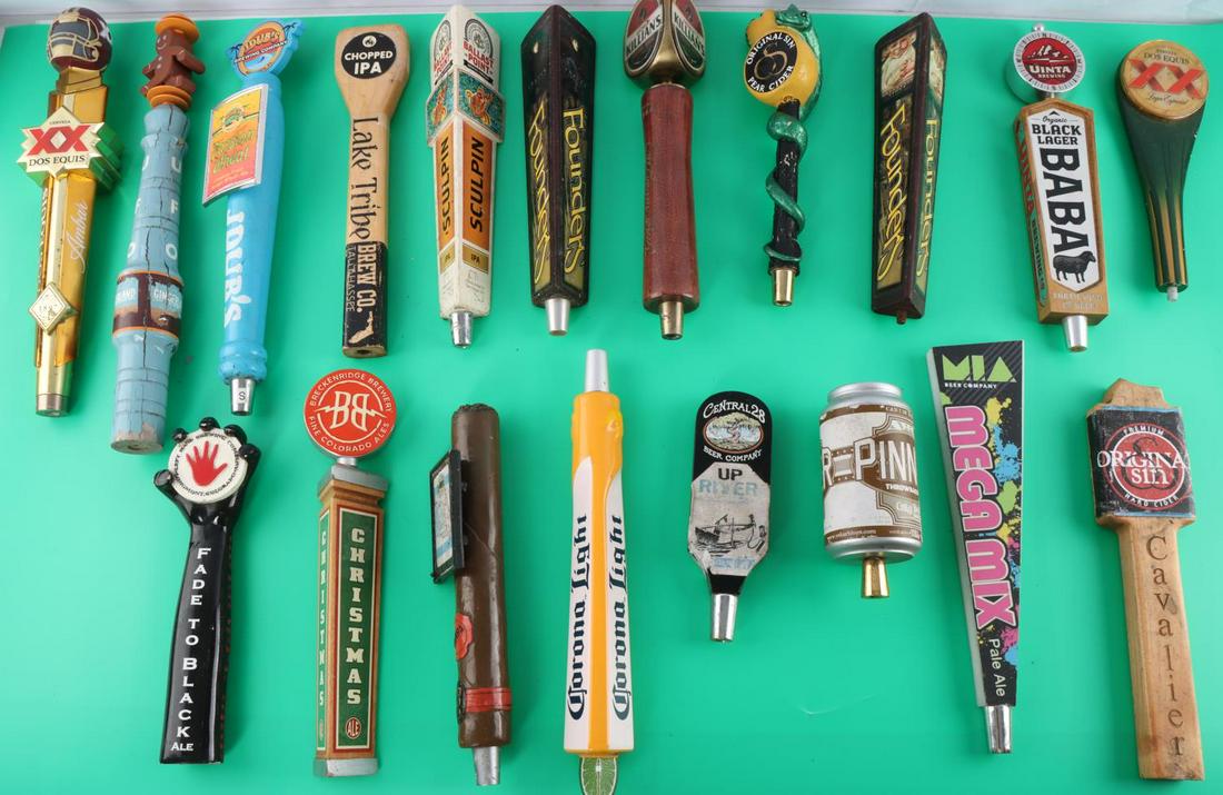 LOT 19 BEER TAPS ORIGINAL SIN CIGAR CITY FLORIDA: Lot of 19 beer taps. Featured are Original Sin Pear Cider, Fade to Black Ale, Gingerland UFO, JDUBS passion wheat, Cigar City Florida Cracker, Corona light, Dos Equis, and more. Measurements range 9 1