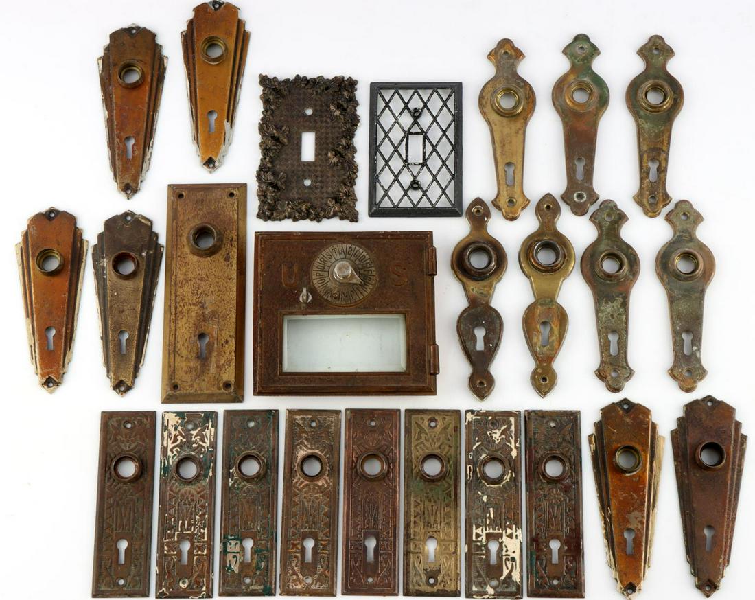 ARCHITECTUAL SALVAGE DOOR KNOB & SWITCH PLATES: Early 20th century 22 door, 2 switch plates and 1 mail box front panel. Door plates are 6-7 inches each.