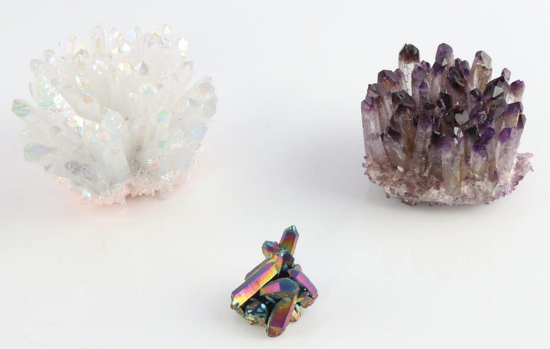 LOT 3 QUARTZ CLUSTERS AMETHYST TITANIUM & RAINBOW: Titanium coated Clear Quartz crystal cluster dimensions: 4 X 2.5 inches, 396 grams. Second a Titanium coated Rainbow Quartz cluster 2x1 inches, 22 grams. Third Amethyst Crystal Quartz cluster 3.5 x 2