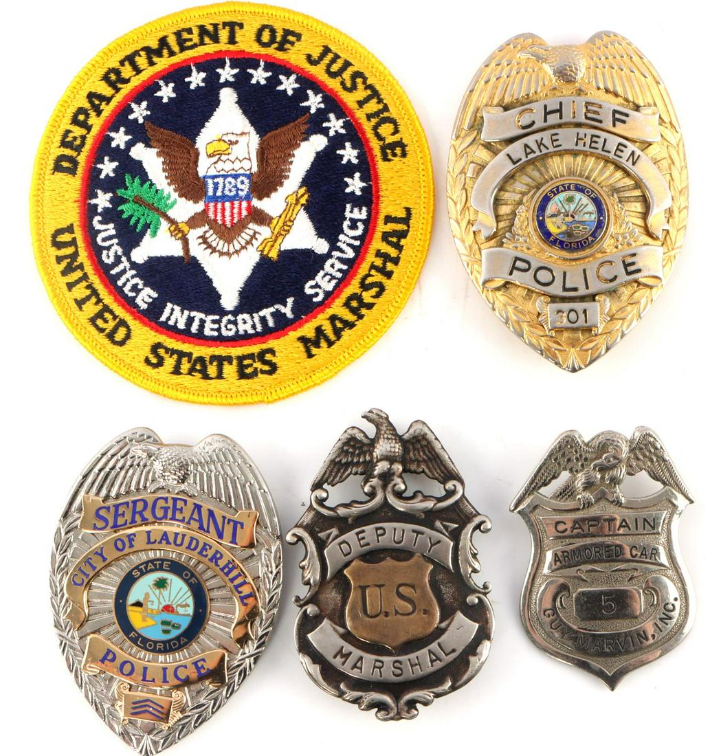 5 OBSOLETE FLORIDA CHIEF POLICE US MARSHAL BADGES: Lot of 5 features badges for Chief Lake Helen police, Sergeant City of Lauderhill, Deputy U.S. Marshall, and Captain for Armored Car Guy Marvin Inc, as well as a patch for a U.S. Marshal. Measurements