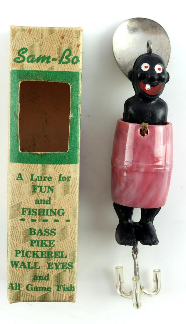 VINTAGE SAM BO RISQUE FISHING LURE W BOX: Sam Bo is a teaser with this revealing motion activated vintage fishing lure. Its in very good condition with original peek-a-boo box.