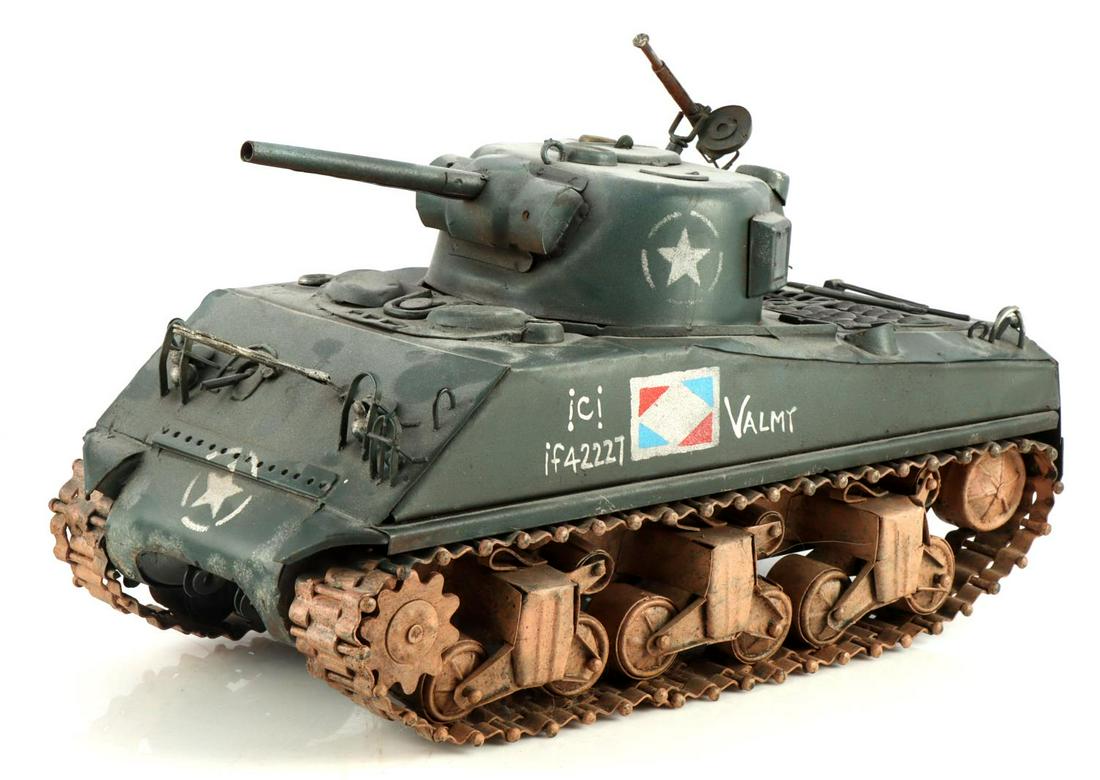 WWII SHERMAN TANK MODEL 3RD FRENCH ARMORED DIV: Handmade WWII French M4A2 Sherman tank model "Valmy" from the 3rd Peleton, 4th Escardon, 2nd Regiment de Cuirassiers, 1st Division, Blinde 3/4rd of the French Forces of the Interior. Turret turns 360 