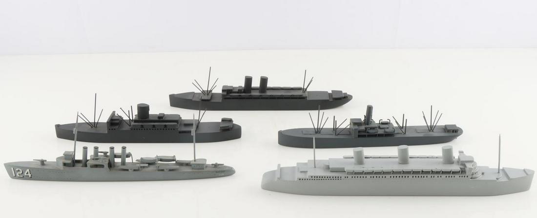 5 VAN RYPEN SHIP MODEL LOT USS RAMSAY & FREIGHTERS: Each are 9 to 10 inches, 2 are marked Van Rypen, Vineyard Haven Mass., some slight paint loss on 3 easily remedied.