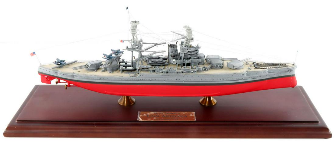 DANBURY MINT BB 39 USS ARIZONA MODEL: Bending of the hand rail, appears complete, well crafted , 15 inch ship on 17 inch stand
