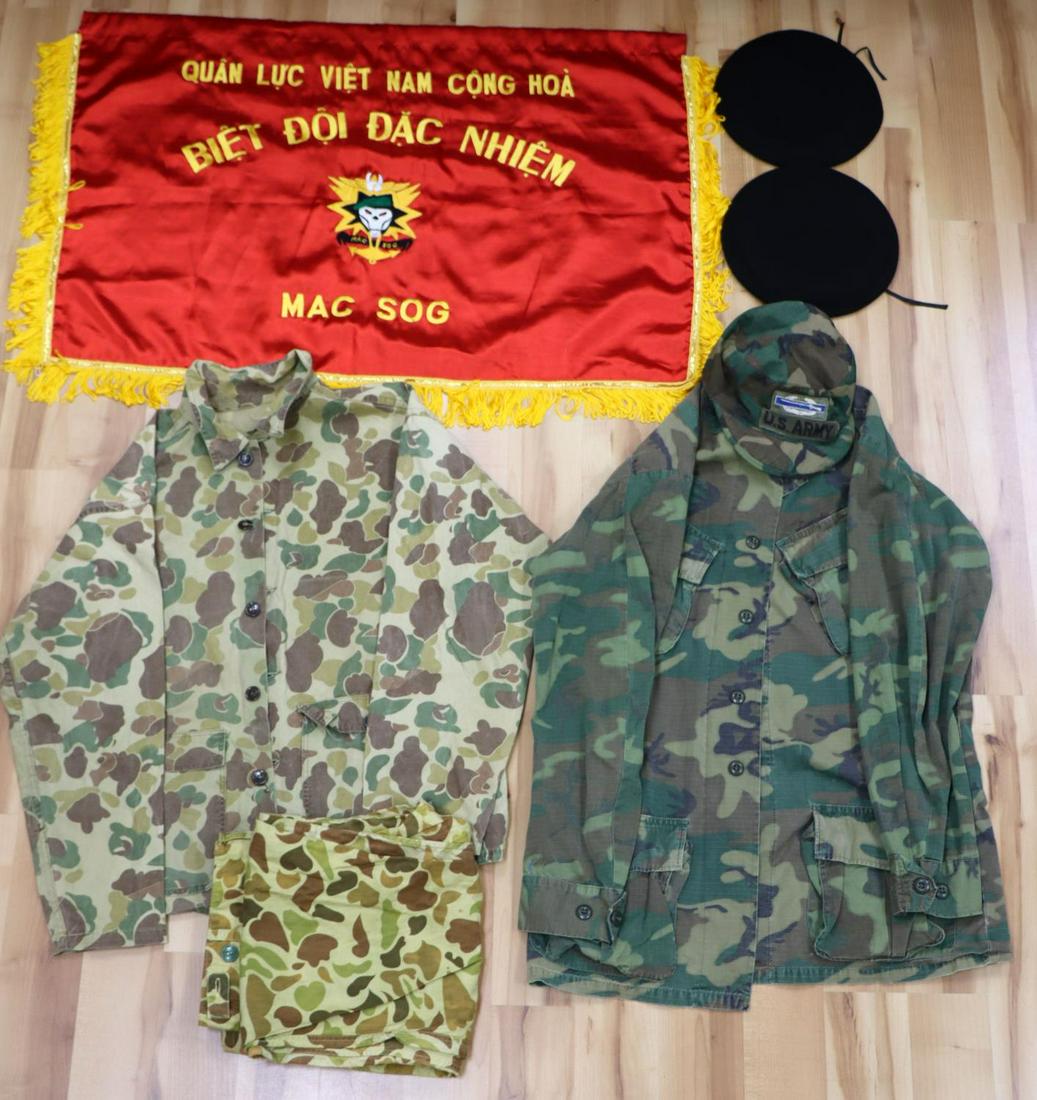 VIETNAM SPECIAL FORCES MAC V SOG SHIRTS AND PANTS: Lot includes shirts, pants, berets, and a silk pillow case. Small long to medium shirts. Berets are size 60 & 63. Case measures 23 X 34 inches. Very good condition. This lot has a reserve.