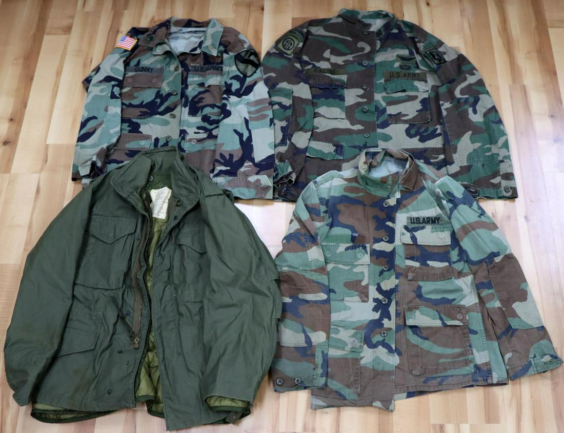 VIETNAM RIPSTOP AIRBORNE HELECOPTER PILOT SHIRT: The airborne Warrant Officer shirt is large regular in very good wearable condition, the Cavalry ripstop is medium, woodland camo non ripstop is small and has more wear, Cold weather coat is medium.
