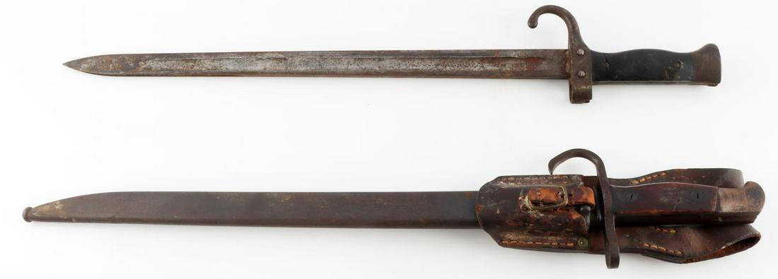 WWII JAPANESE ARISAKA BAYONET & FRENCH GRAS: The Japanese bayonet has scabbard Frog, and very good original blade, dent free scabbard, the Gras is without scabbard and has surface rust blade,