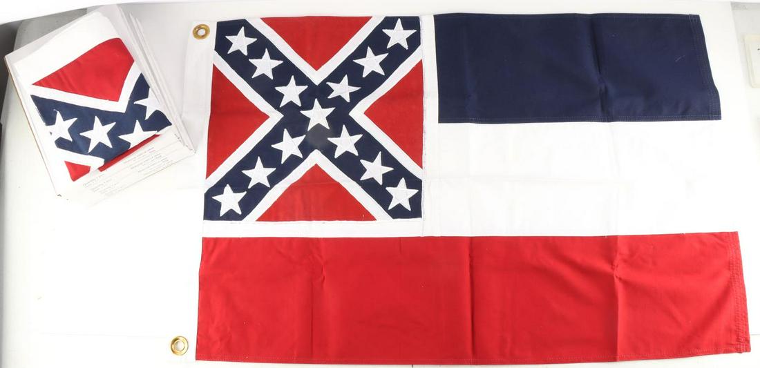 LOT OF 6 CONFEDERATE BATTLE FLAGS RUFFIN FLAG CO: Lot of 6 Confederate battle flags. Cotton construction. Measure 24 3/4 X 39 inches. Very good condition.