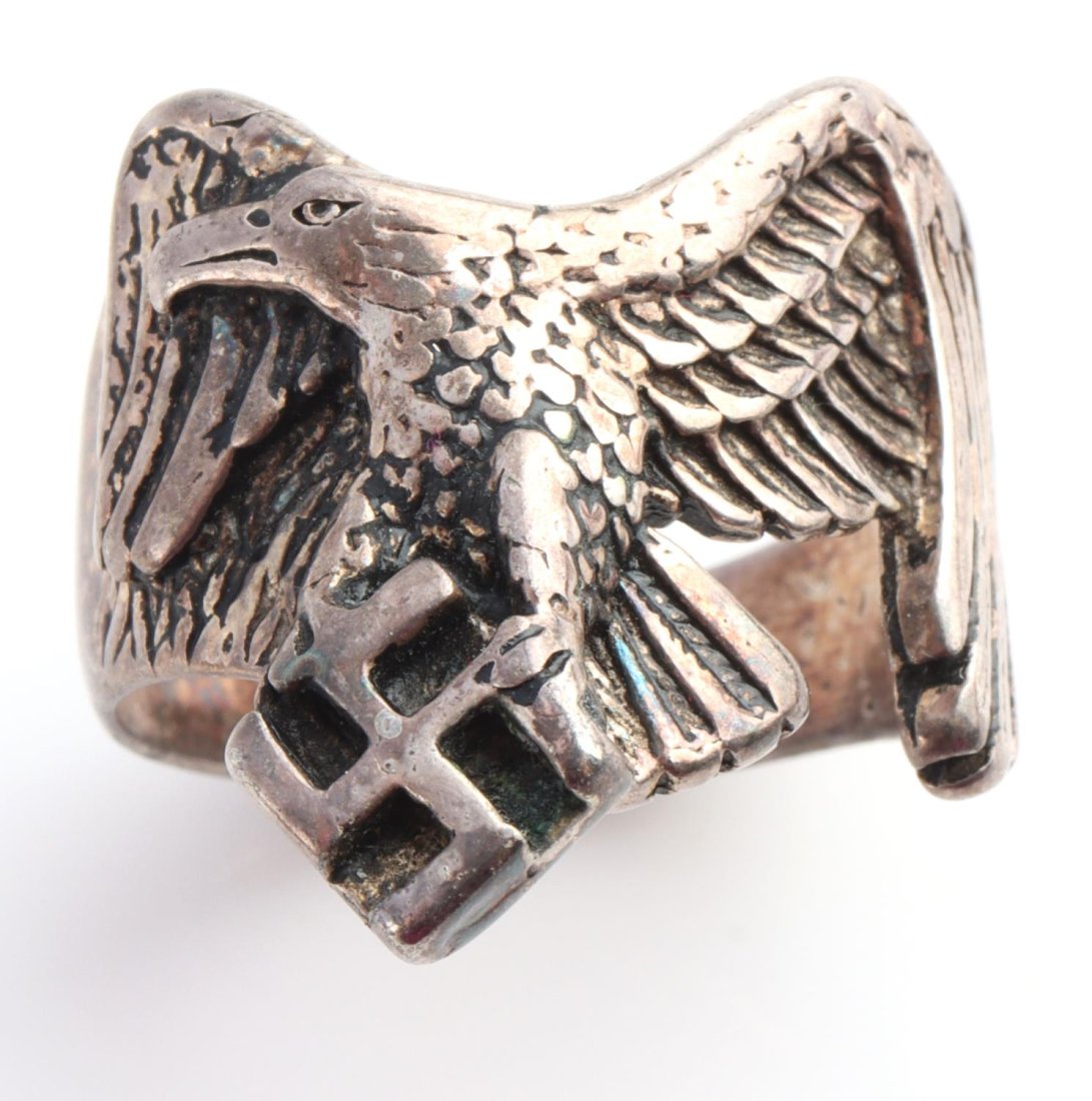 WWII GERMAN THIRD REICH LUFTWAFFE PILOT RING: Ring made similar to Luftwaffe pilot badge clutching swastika. Interestingly engraved on interior with G & S, 85, and 10. Size 10. Very good condition.