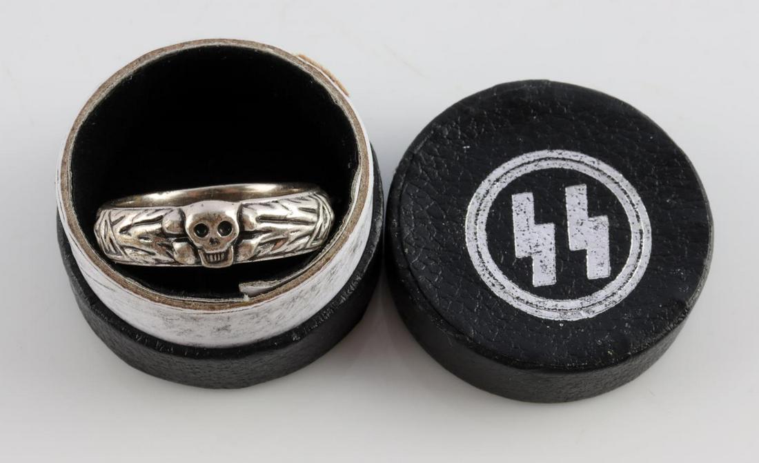 CASED WWII GERMAN REICH SS HONOR RING SIZE 11.5: Size 11.5. Interior engraved with name H. Schulz 12.11.42. Also with Himmler facsimile signature. Very good condition. Unauthenticated, sold as is.