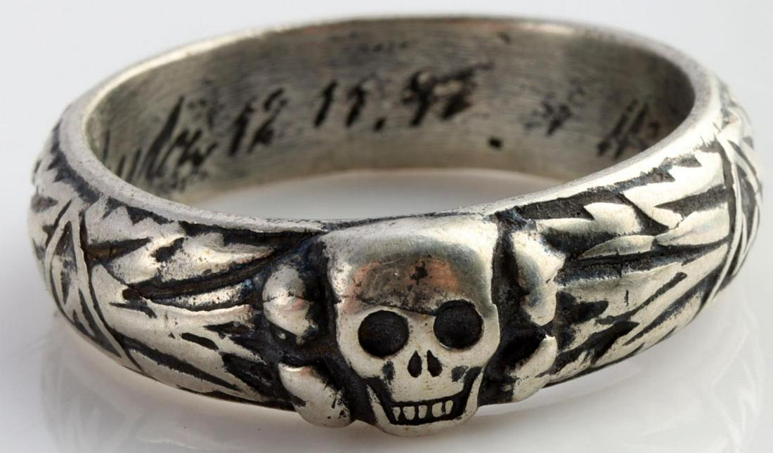 WWII GERMAN THIRD REICH SS HIMMLER HONOR RING: Interior engraved with facsimile Himmler signature and recipients signature. Year of the date illegible. Age indeterminate. Size 11. Very good condition.
