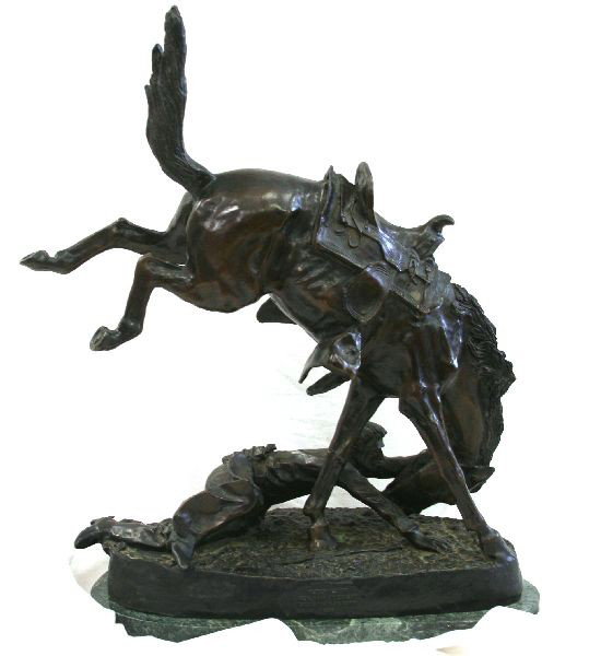 REMINGTON BRONZE PRESENTED TO SCT OF NAVY 1904: Frederic Remington (American, 1861-1909) "Wicked Pony" bronze sculpture on marble base. Signed, and with inscription on bronze "Dedicated to Benjamin Stoddert Secretary of Navy 1904." 23 inches tall o