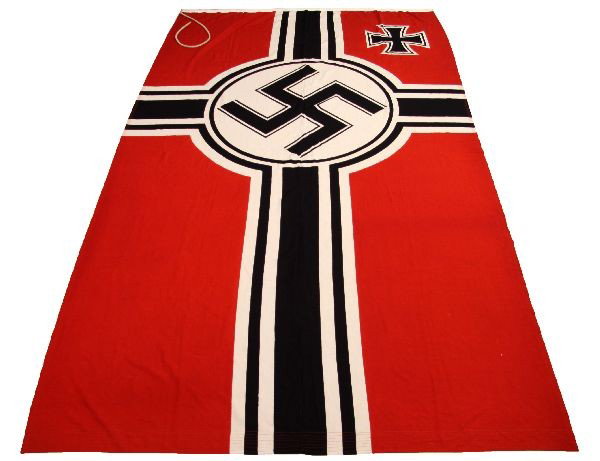 LARGE WWII GERMAN KRIEGSMARINE FLAG: Large WWII German Kriegsmarine flag, measuring 125 by 75 inches. Maker marked "Johan Liebieg / Reichenberg Sudetenland." Minor mothing to one corner, otherwise excellent condition.