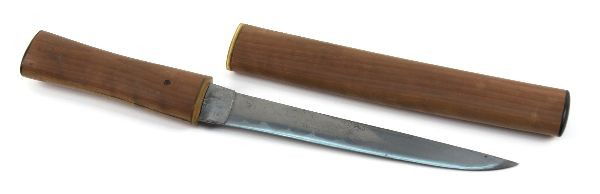 JAPANESE TANTO KNIFE WITH WOOD HANDLE AND SCABBARD: Japanese tanto blade, measuring approximately 8 inches, with wood handle and scabbard, tipped with ebony wood on both ends. Appears of quality construction. Age unknown.