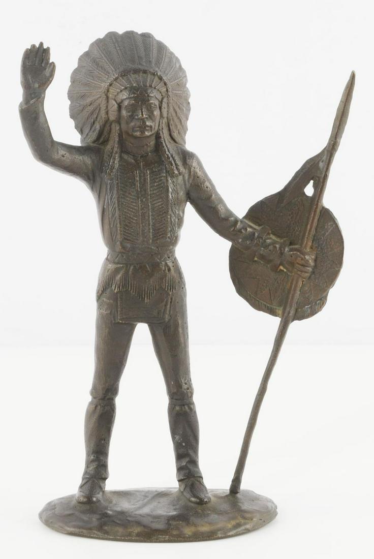 TIFFANY STUDIOS NATIVE AMERICAN BRONZE WARRIOR: Warrior chief with hand raised. Bronze medium. Tiffany studios marked on bottom. Measures 6 1/2 inches. Very good condition.