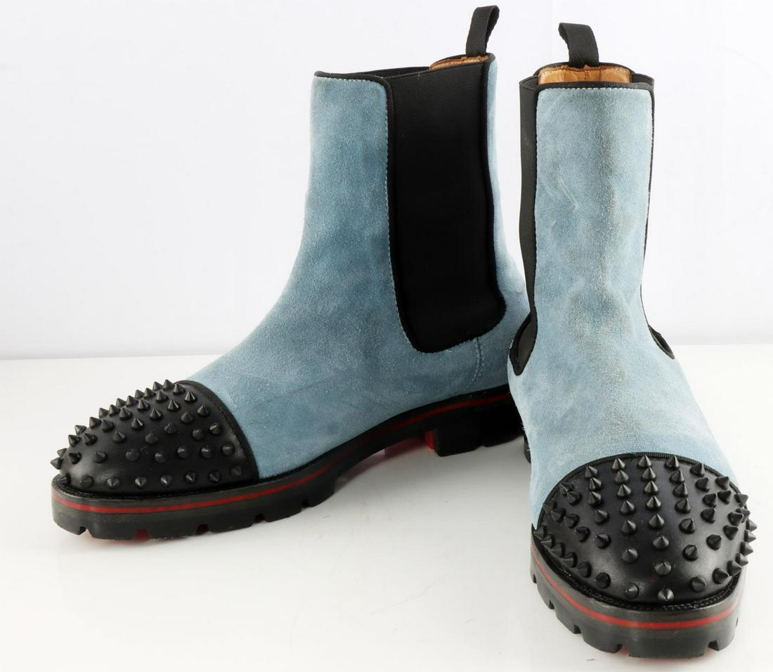 CHRISTIAN LOUBOUTIN BLUE MELON SPIKE CHELSEA BOOTS: Men's Christian Louboutin Melon Spike Chelsea boot in blue suede calfskin leather. Euro size 43, U.S. size 10. The black toe spikes are set in a matte black leather. These boots feature the iconic red