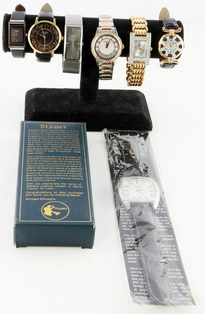 7 DESIGNER WATCH BULOVA COLE SPADE STAUER EIGER: All pre owned in good wear or resale condition. Some need replacement batteries. Brands Kate Spade, Bulova Crystal, Kenneth Cole, Citizen Eco Drive, Una Alla Volta, Eiger and New in the box Stauer . T