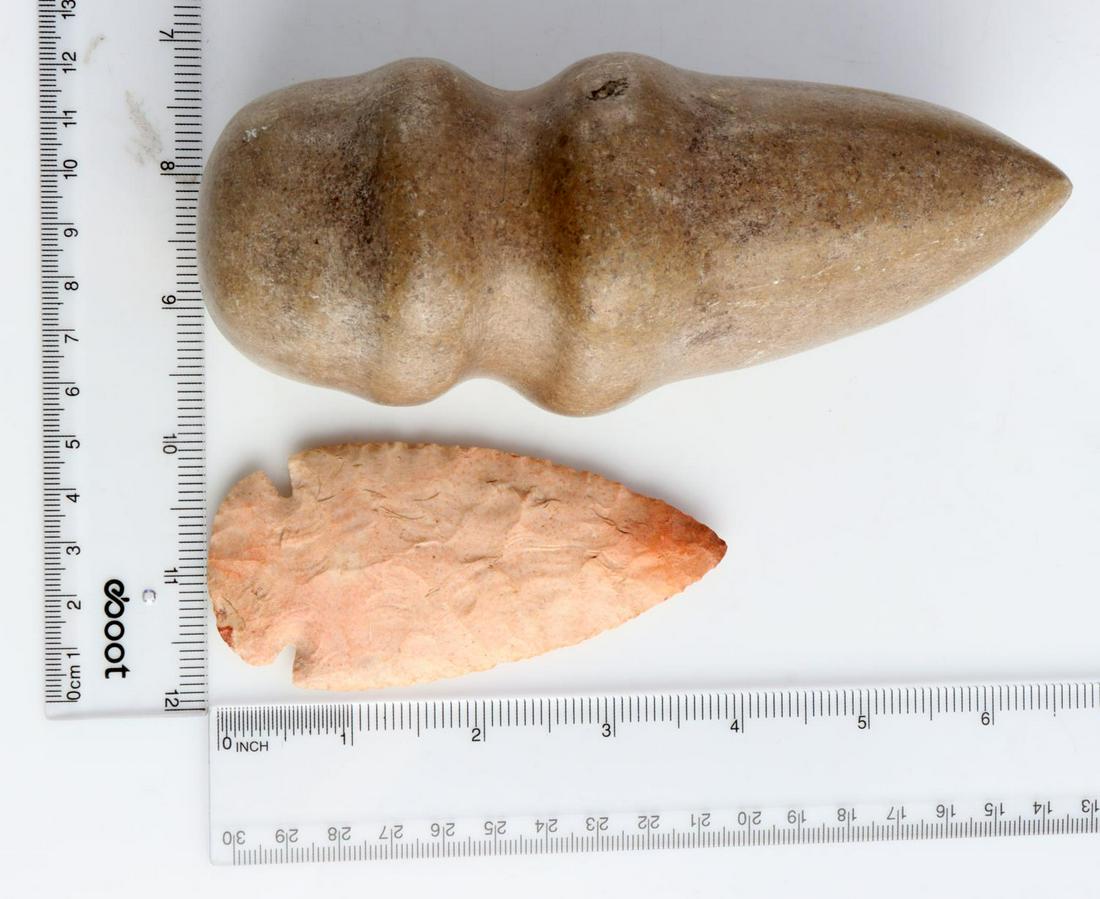 ARCHAIC DOVETAIL ARROWHEAD & 3/4 GROOVED AXE: Henry County Tennessee find , 6 inch 3/4 grooved polished axe, 4 inch Dove Tail, pink Buffalo River chert, each deemed authentic according to terms.