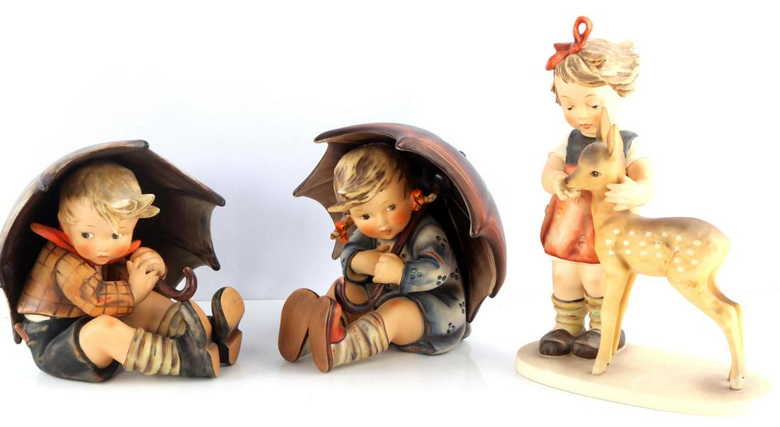 3 HUMMEL LOT UMBRELLA BOY GIRL & FRIENDS: Umbrella boy is small bee 152 A, Umbrella girl small bee dated 1951, 151 B. Each measures 7 1/2 inches, Friends is signed 1980 dated , 136 V, measures 11 inches. All are very good and original.