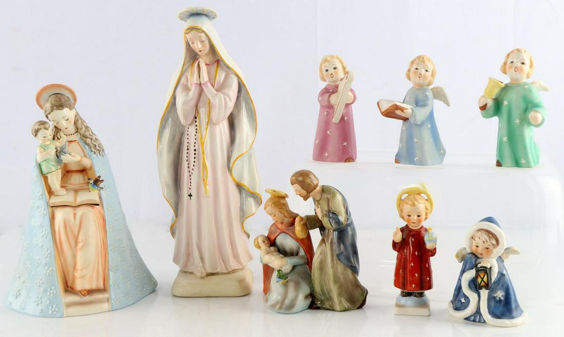 8 HUMMEL GOEBEL VIRGIN MARY ANGELS & HOLY NATIVITY: Grouping of Christmas Catholic and Religious Hummel Goebel Porcelain figures including the 11 inch Virgin Mary HM 95 (1950's TMK2 stamp), 8 inch Mother and Child 10/1 (TMK7), 5 inch Holy Family Nativi