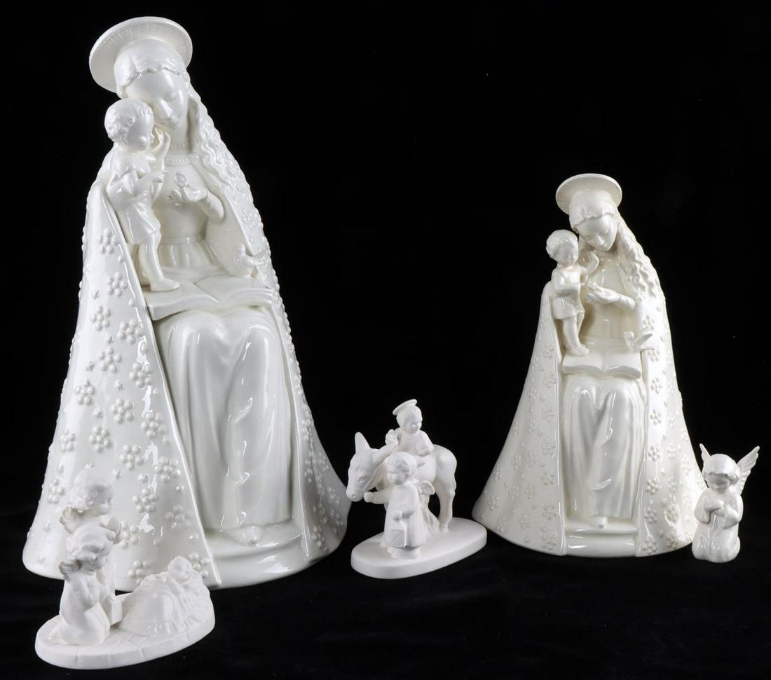 4 HUMMEL FLOWER MADONNA & CHILD ANGEL & NATIVITY: Vintage Hummel 1950's to 1970's Religious and Christmas porcelain figurines includes 11 inch 1950's TMK2 Flower Madonna and Child, 8 inch TMK3 Flower Madonna and child, 2 1/2 inch TMK4 Kneeling Angel 