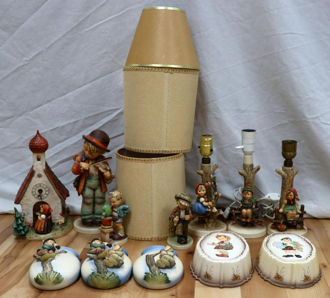 HUMMEL DEALER COLLECTOR LOT CHAPEL CLOCK LAMPS: Great dealer or collector lot of Hummel porcelain figurines including three 11 inch lamps, a 12 inch Chapel Clock 442, two 9 inch Jello molds, three 5 1/2 inch wall sconces, one 11 1/2 inch porcelain