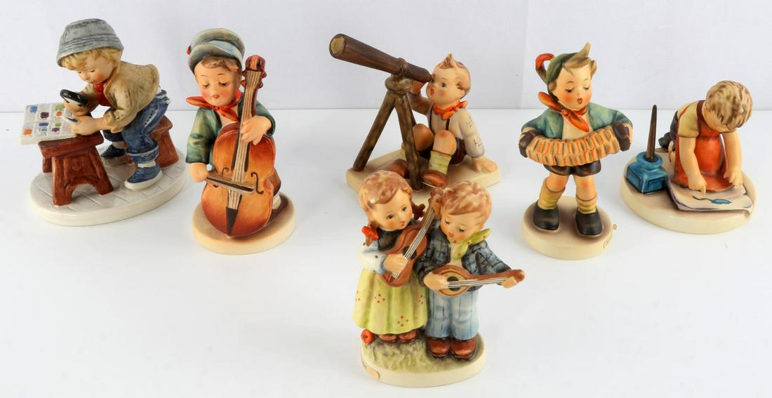 HUMMEL HOBBY LOT OF 6 MUSIC PAINTER COLLECTOR: Lot of six (6) Hummels. "Sweet Music" (#186), TMK 2. Accordion Boy (#185), TMK 5. "Happy Days" (#150 2/0), TMK 6. "Today's Children: The Stamp Collector" (#10 704 13), TMK 5. "Star Gazer" (#132), TMK 