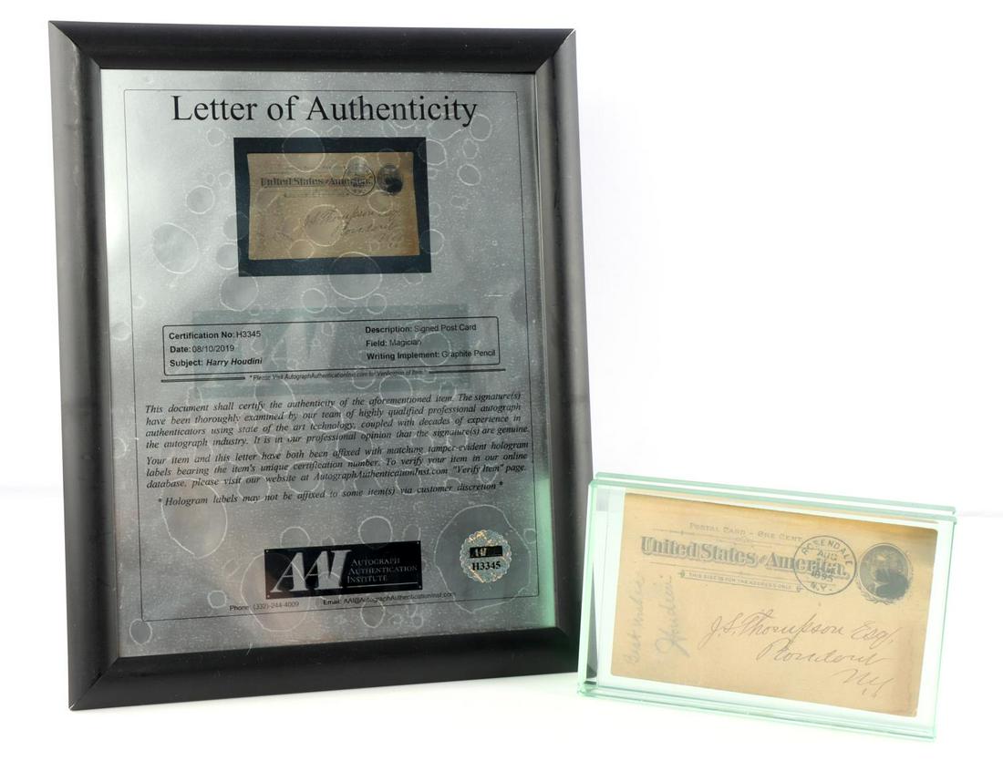 ILLUSIONIST HARRY HOUDINI SIGNED US POST CARD: Post card dated 1895. Houdini signature clear and legible. Encased in thick protective glass. Very good condition. Measures 4 1/8 X 6 1/2 inches. Comes with COA. This lot has a reserve.