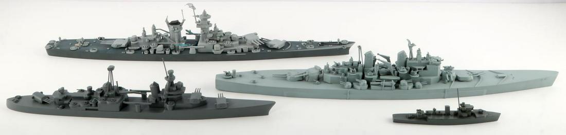 4 WWII SHIP RECOGNITION MODELS ALASKA LOUISVILLE: Includes HMS Vanguard 1:500 scale , 19 inch Framburg dated 1955, all metal complete, Alaska class Framburg dated 1944, wood metal, 19 1/2 inches, missing life boat stern, Louisville, Framburg 1944 dat