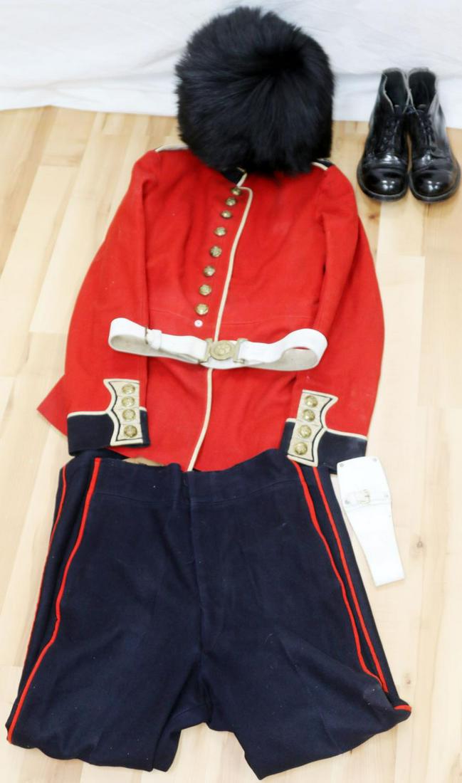 WWII GRENADIER GUARDS EM UNIFORM W BEARSKIN BUSBY: Tunic has some stains especially inside lining, has Kings Crown buttons, no date so presumed WWII, shoes are medium, trousers are good but small, Busby has horsehair pom, white belt with bayonet scabb