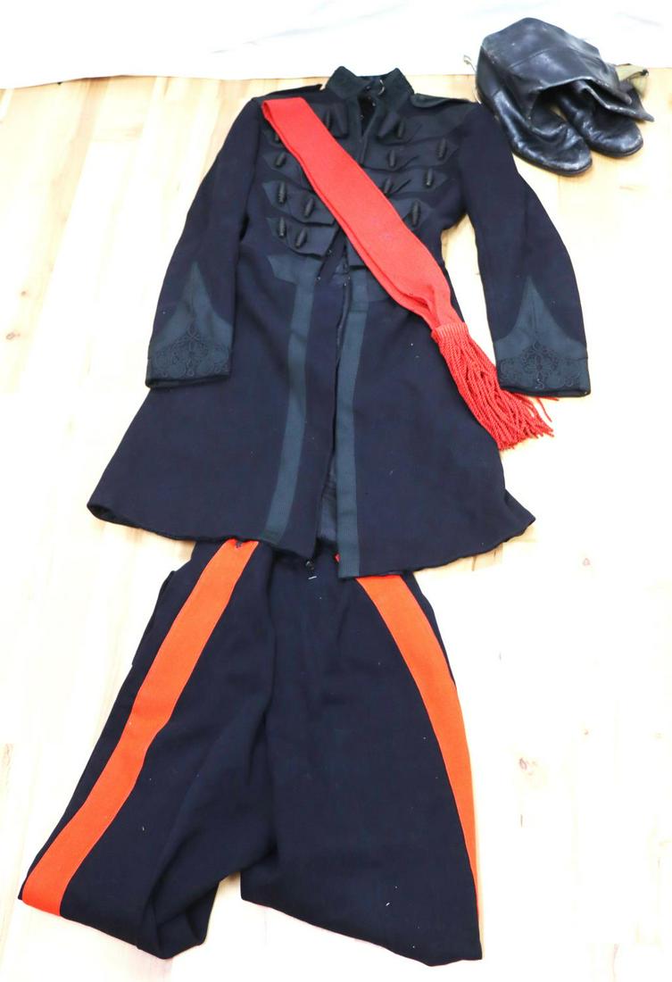 WWII GRENADIER GUARDS OFFICERS FROCK COAT W BOOTS: Faint date believed 1941 on tag below name, with sash and boots with spurs, small coat and boots, moth free very good original condition, trousers are small size